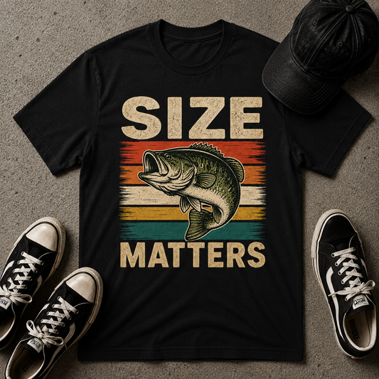 Fishing T-Shirt — "Size Matters" Vintage Bass Tee, Retro Outdoors Shirt for Anglers