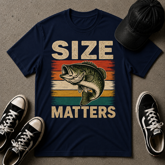 Fishing T-Shirt — "Size Matters" Vintage Bass Tee, Retro Outdoors Shirt for Anglers