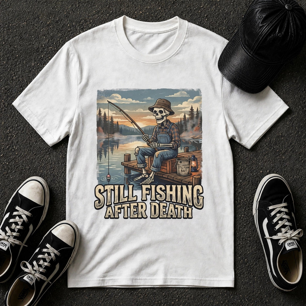 Fishing Skull T-Shirt — "Still Fishing After Death" Vintage Outdoors Graphic Tee