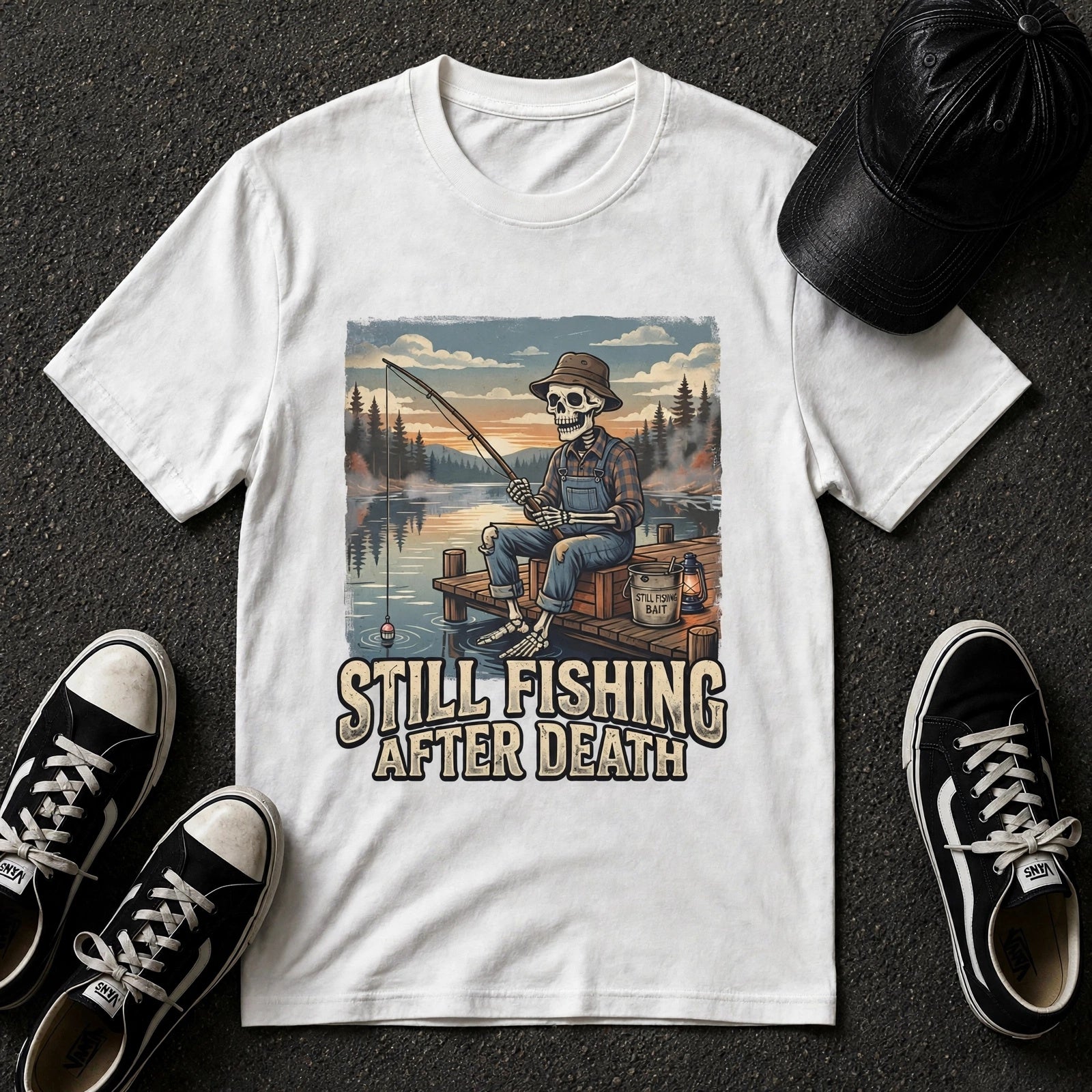 Fishing Skull T-Shirt — "Still Fishing After Death" Vintage Outdoors Graphic Tee